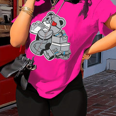 Cartoon Bear Print 2Pc Set Short Sleeve Casual Tee & Shorts Women's Clothing