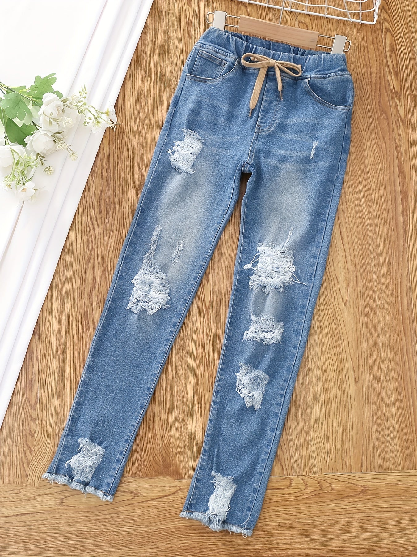 Girls Ultra Skinny Stretchy Jeans Teens Ripped Trousers