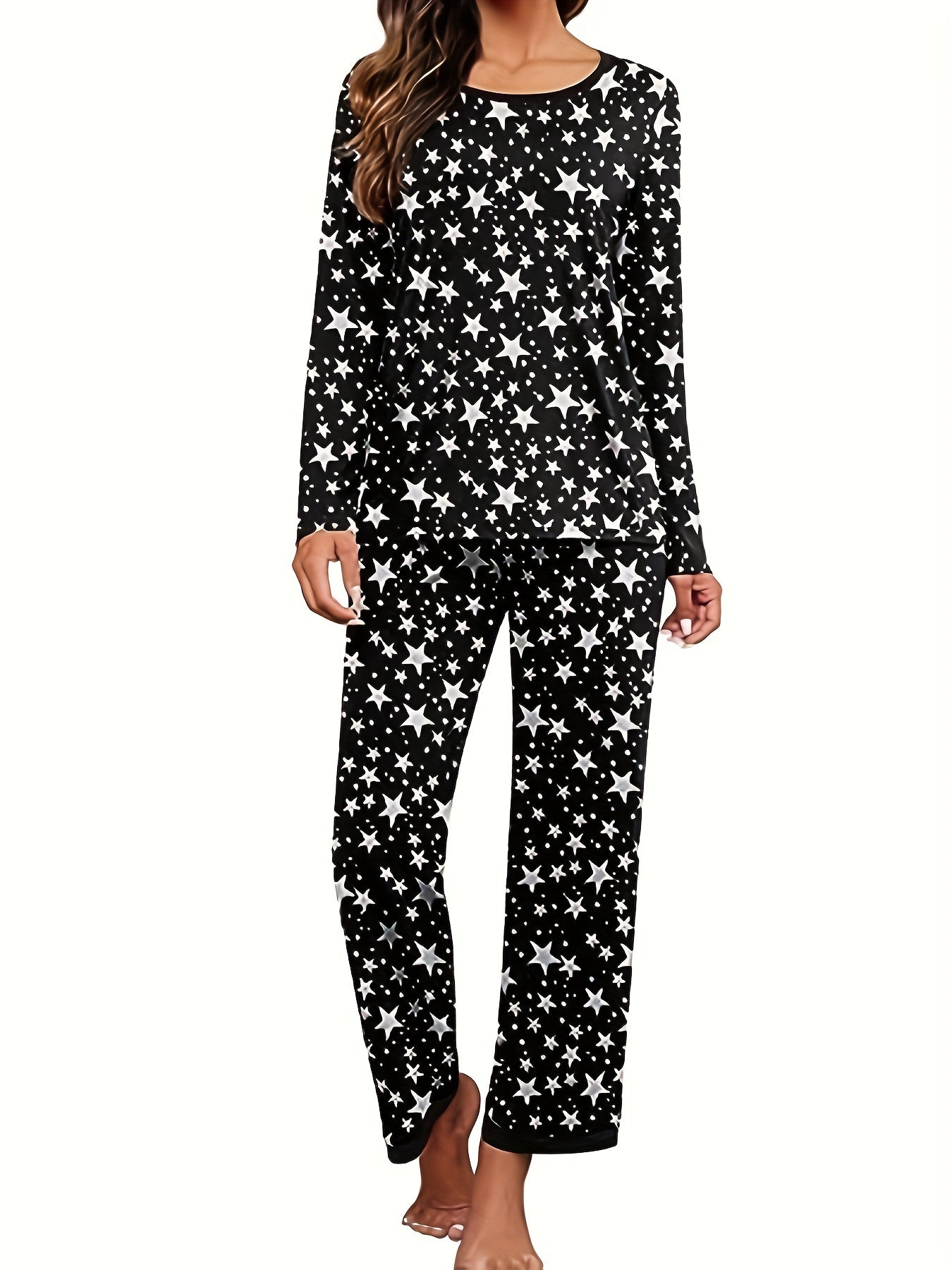 Pattern Print Lounge Set Long Sleeve Crew Neck Top & Pants Women's Loungewear