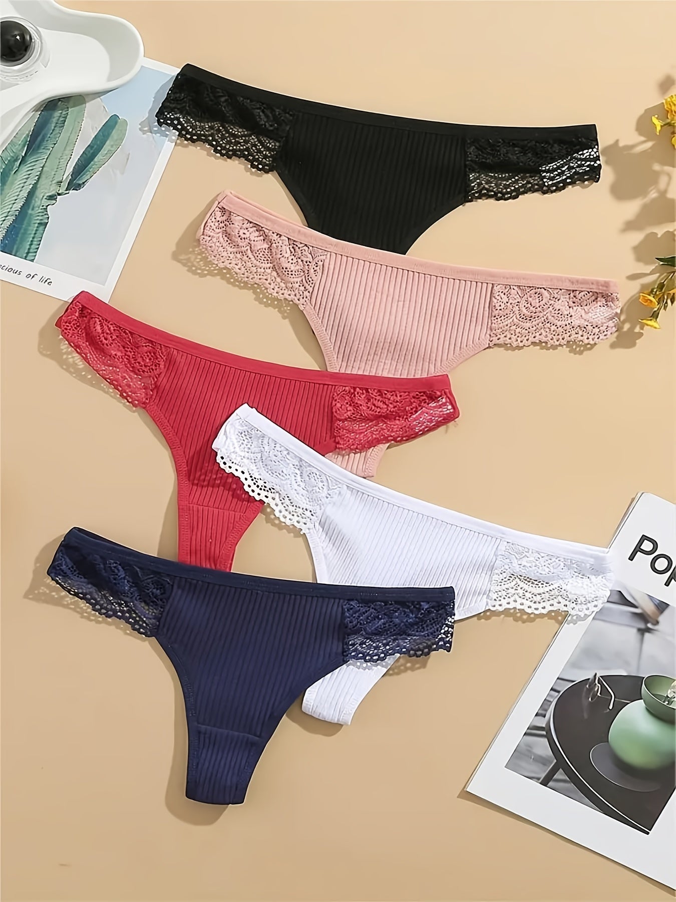 5pcs Lace Thongs Sexy Low Waist Panties Women's Lingerie