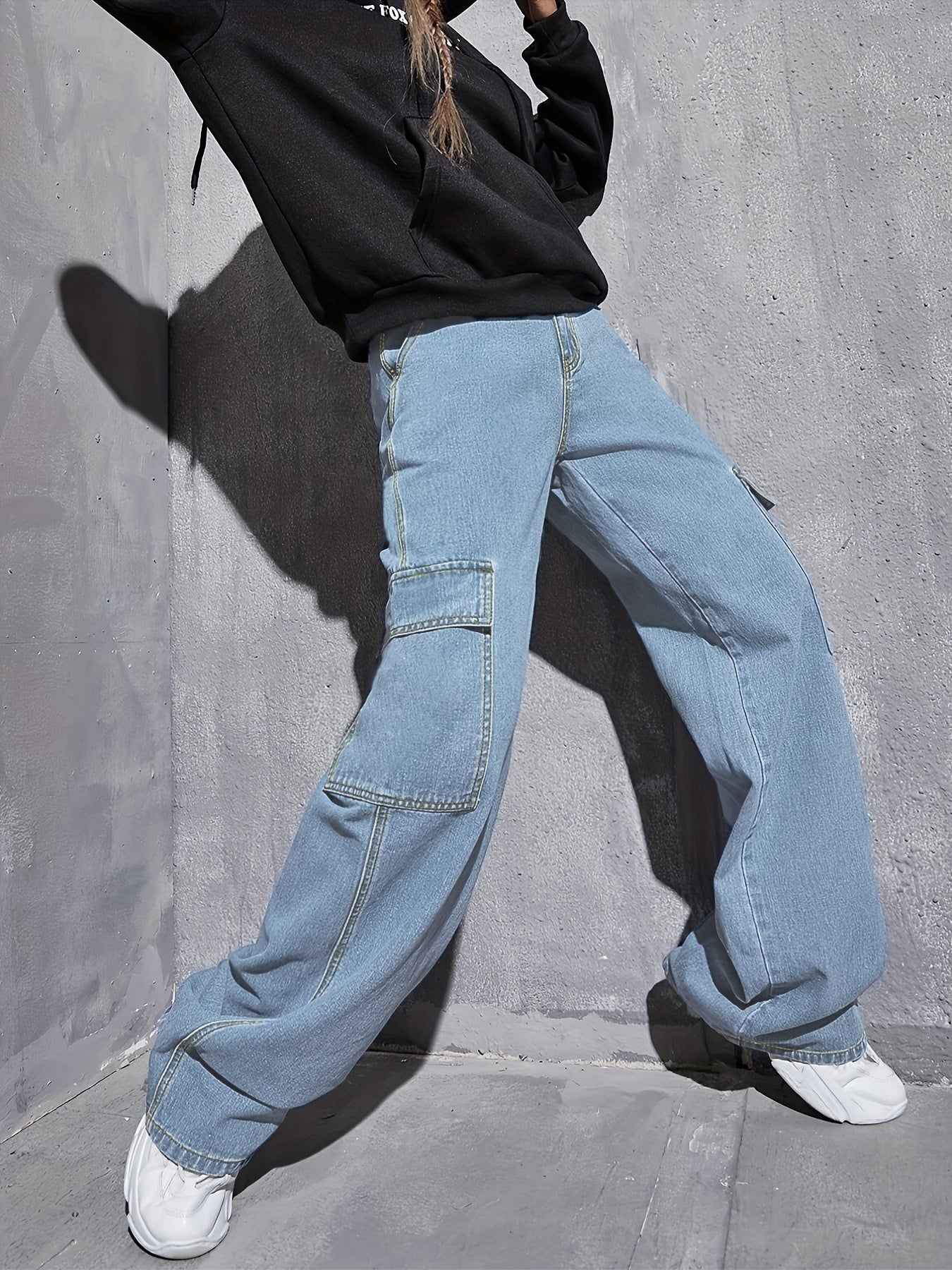 Y2K Style Baggy Cargo Pants Flap Pockets Denim Jeans