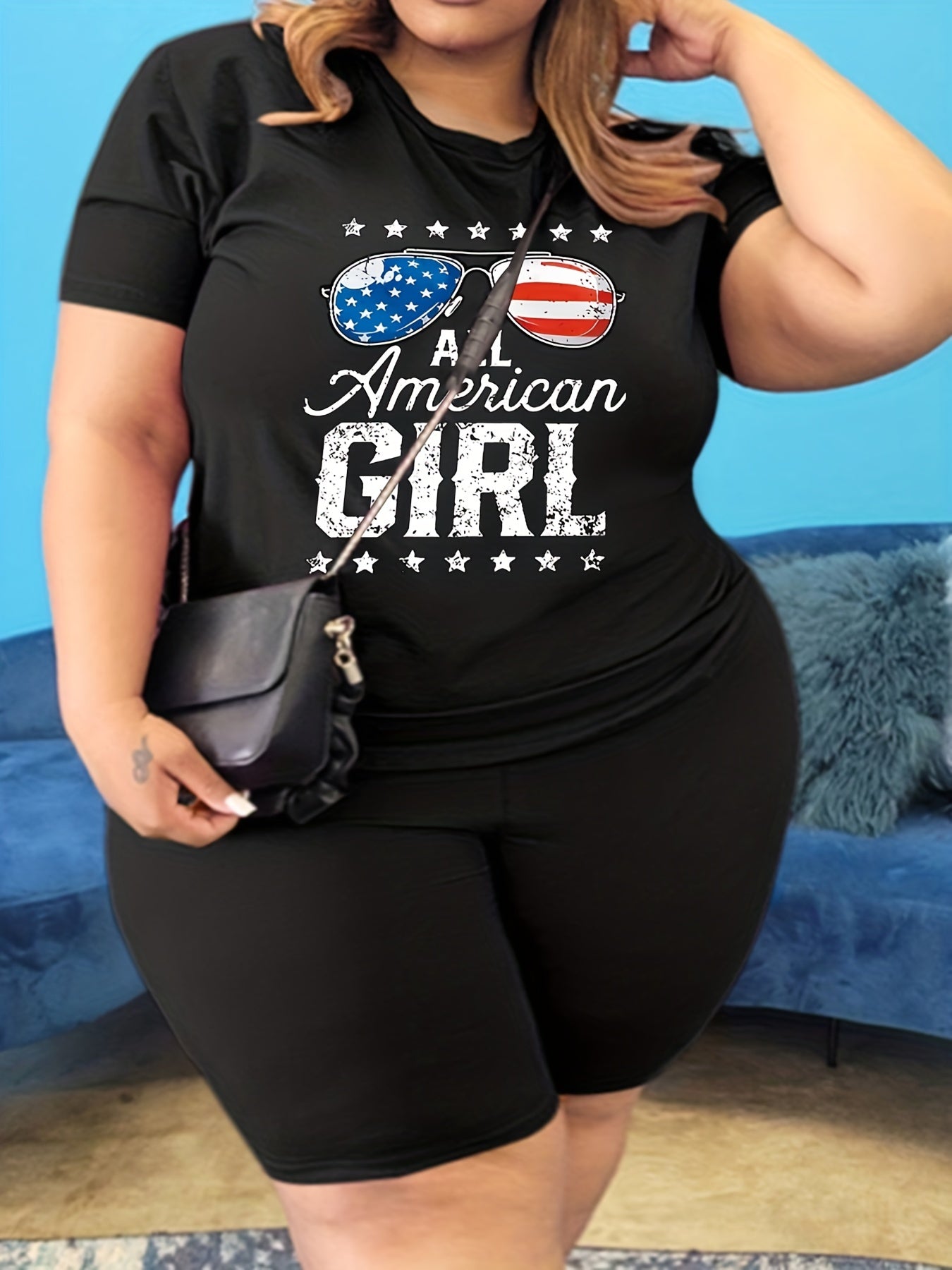 Independence Casual 2-Piece Set Women's Flag & Star Print Top & Shorts