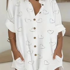 Heart Print Button Up Long Sleeve Stand Collar Mini Shirt Dress