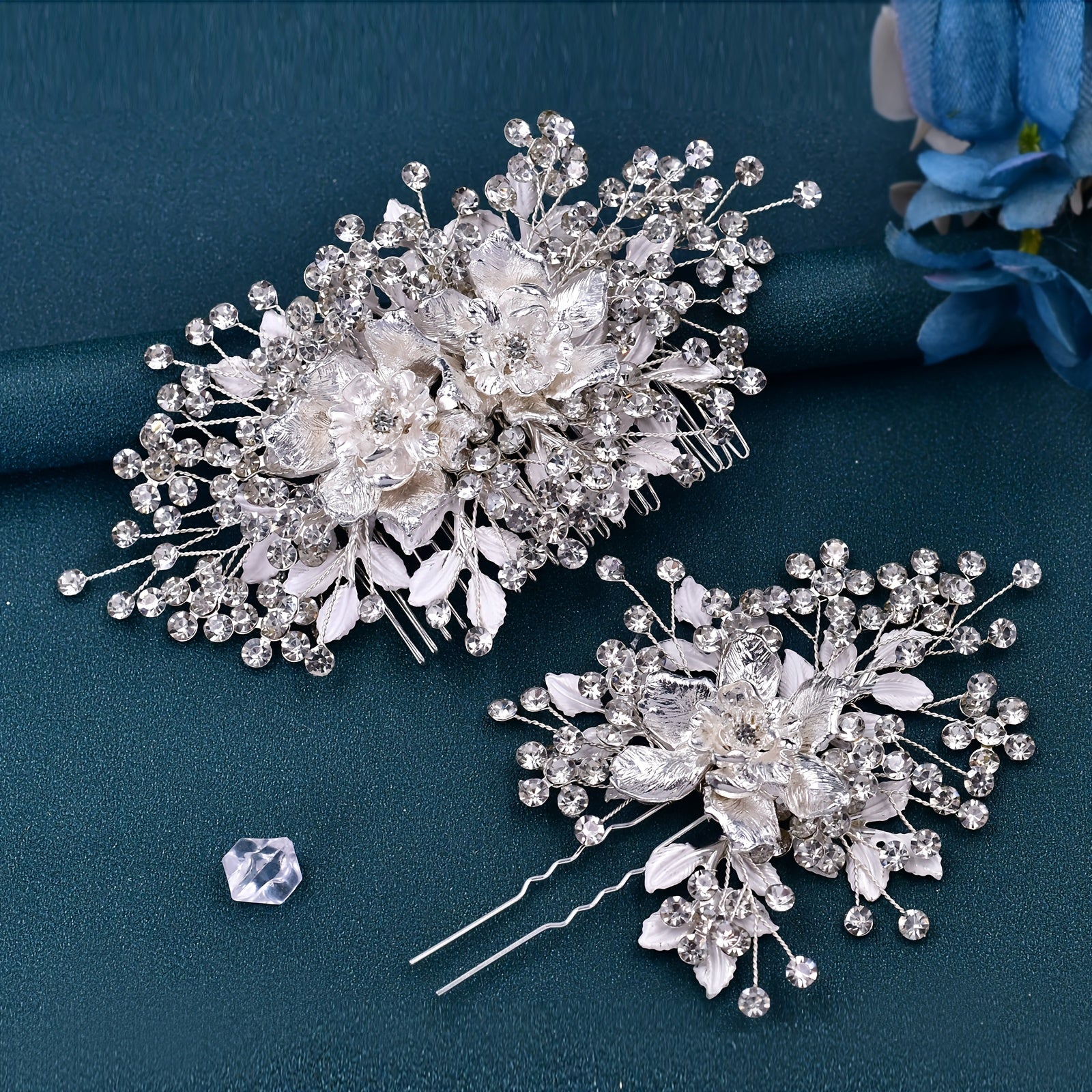 Silvery Flower Hair Comb and Rhinestone Hair Clip Set - Bridal Headwear