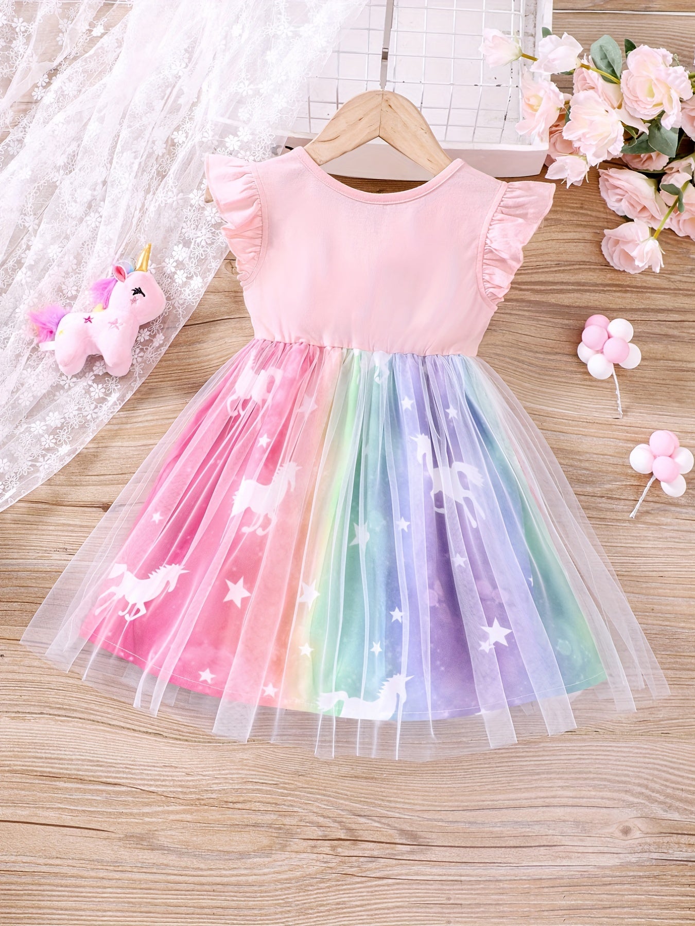 Toddler Girls Unicorn Ruffled Sleeveless Mesh Dress Kids Summer Clothes