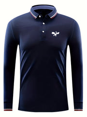 Men's Dragon Print Long Sleeve Polo Shirt Breathable Button Up Top
