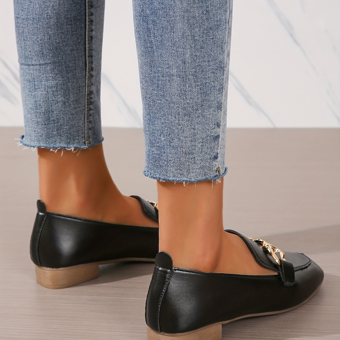 Square Toe Loafers with Metallic Buckle Decor Slip On Flats