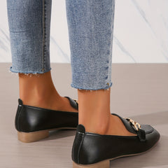 Square Toe Loafers with Metallic Buckle Decor Slip On Flats