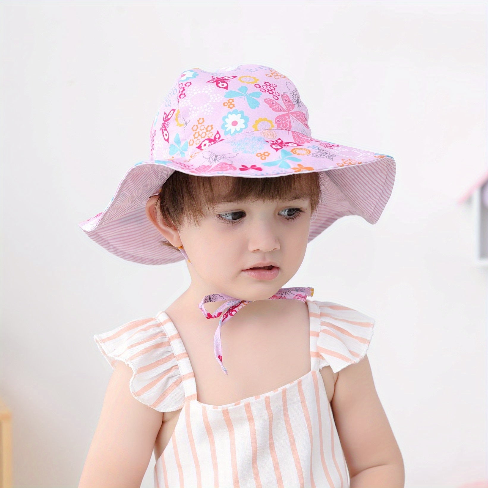 Teen Casual Butterfly Graphic Print Sun Hat, Adjustable Breathable Wide Brim Hat