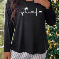 Women's Plus Graphic Print Long Sleeve Round Neck Pajama Top