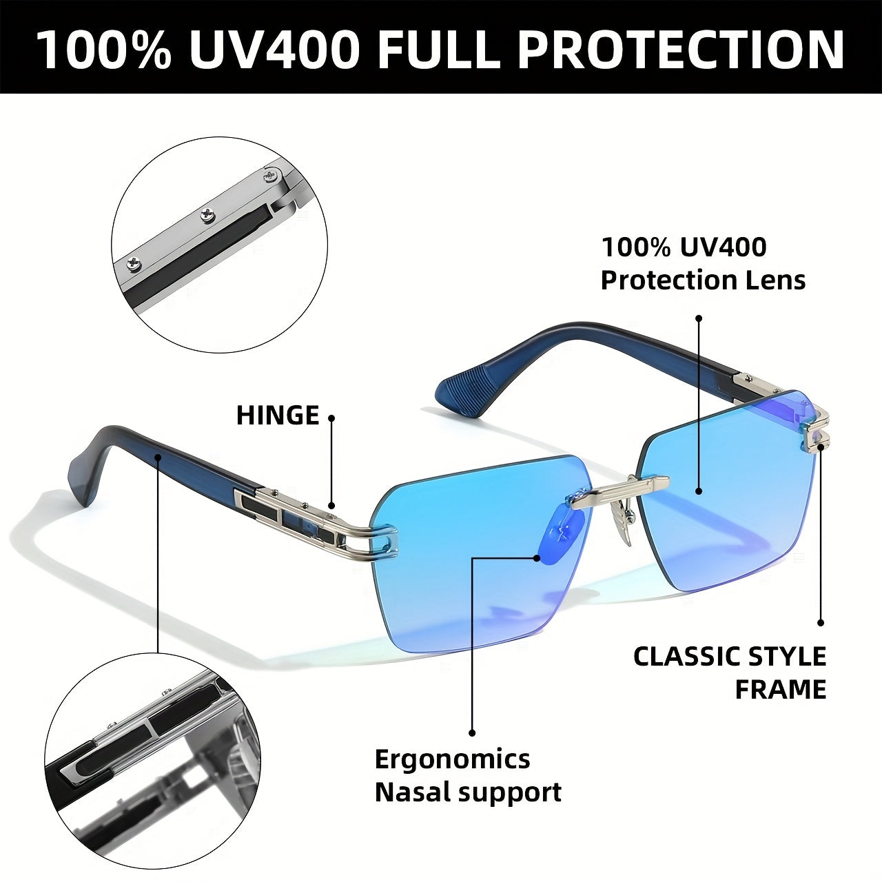 Men's Rectangular Metal Rimless Sunglasses