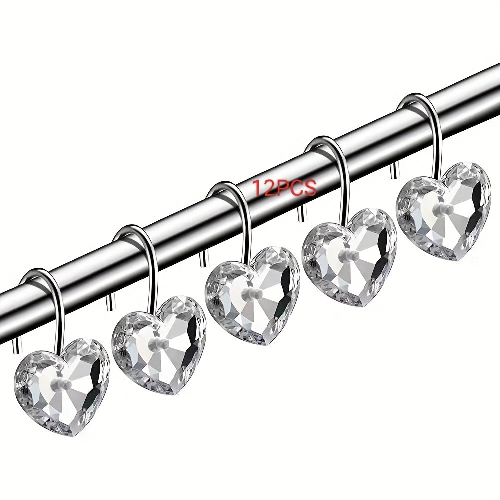 12pcs Heart Shower Curtain Hooks Acrylic Rhinestone Love Decorative Bathroom Acc