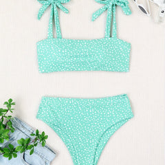 Polka Dot Print Tie Shoulder Swimsuit Set