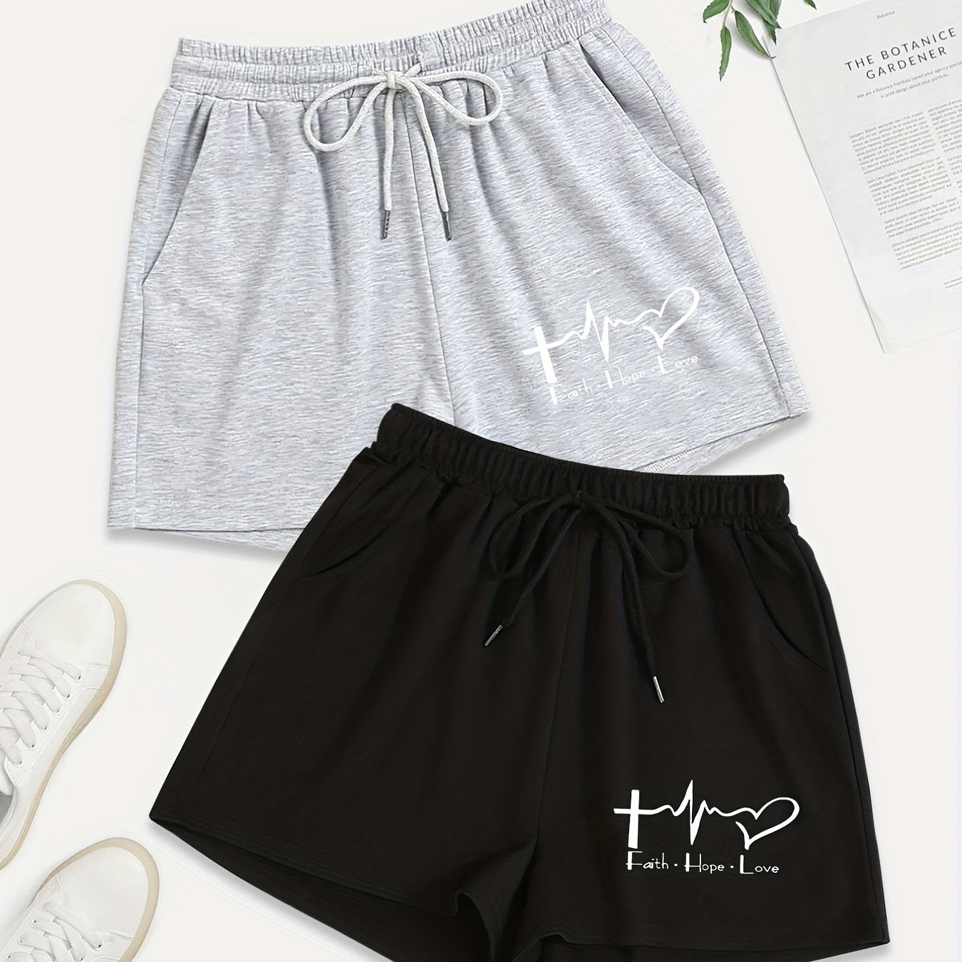 2 Pack Plus Size Casual Heart & Letter Print Drawstring Shorts With Pockets