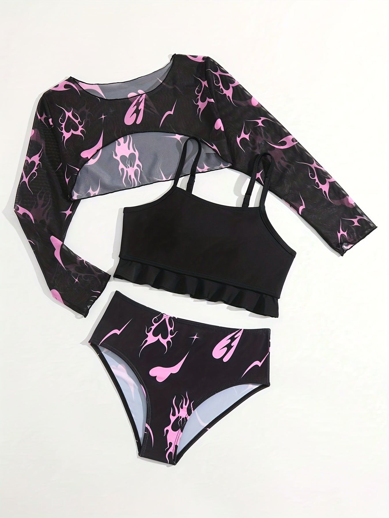3pcs Girls Fire Heart Bikini Sets Long Sleeve Top Ruffle Trim Briefs