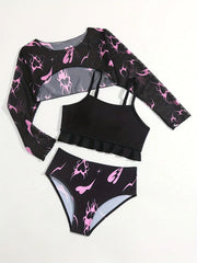 3pcs Girls Fire Heart Bikini Sets Long Sleeve Top Ruffle Trim Briefs