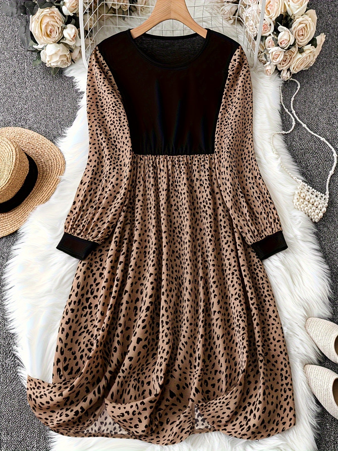 Leopard Print Long Sleeve Round Neck Dress