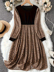 Leopard Print Long Sleeve Round Neck Dress