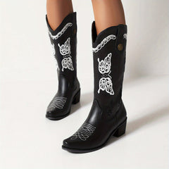 Women's Butterfly Embroidery Cowboy Boots Pull On Mid Calf Boots