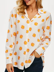 Daisy Print Long Sleeve Button Up Collar Shirt