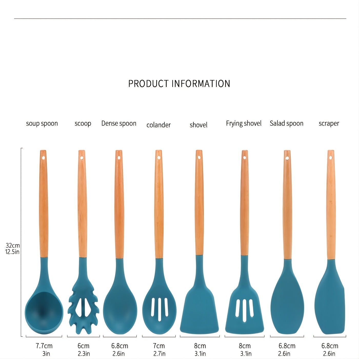Set of 12 Kitchen Silicone Kitchenware with Beech Wooden Handle