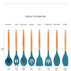 Set of 12 Kitchen Silicone Kitchenware with Beech Wooden Handle