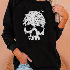 Skull Print Crew Neck Sweatshirt for Women