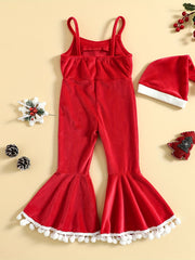 2pcs Girls' Christmas Jumpsuit Sleeveless Flannel Romper Set