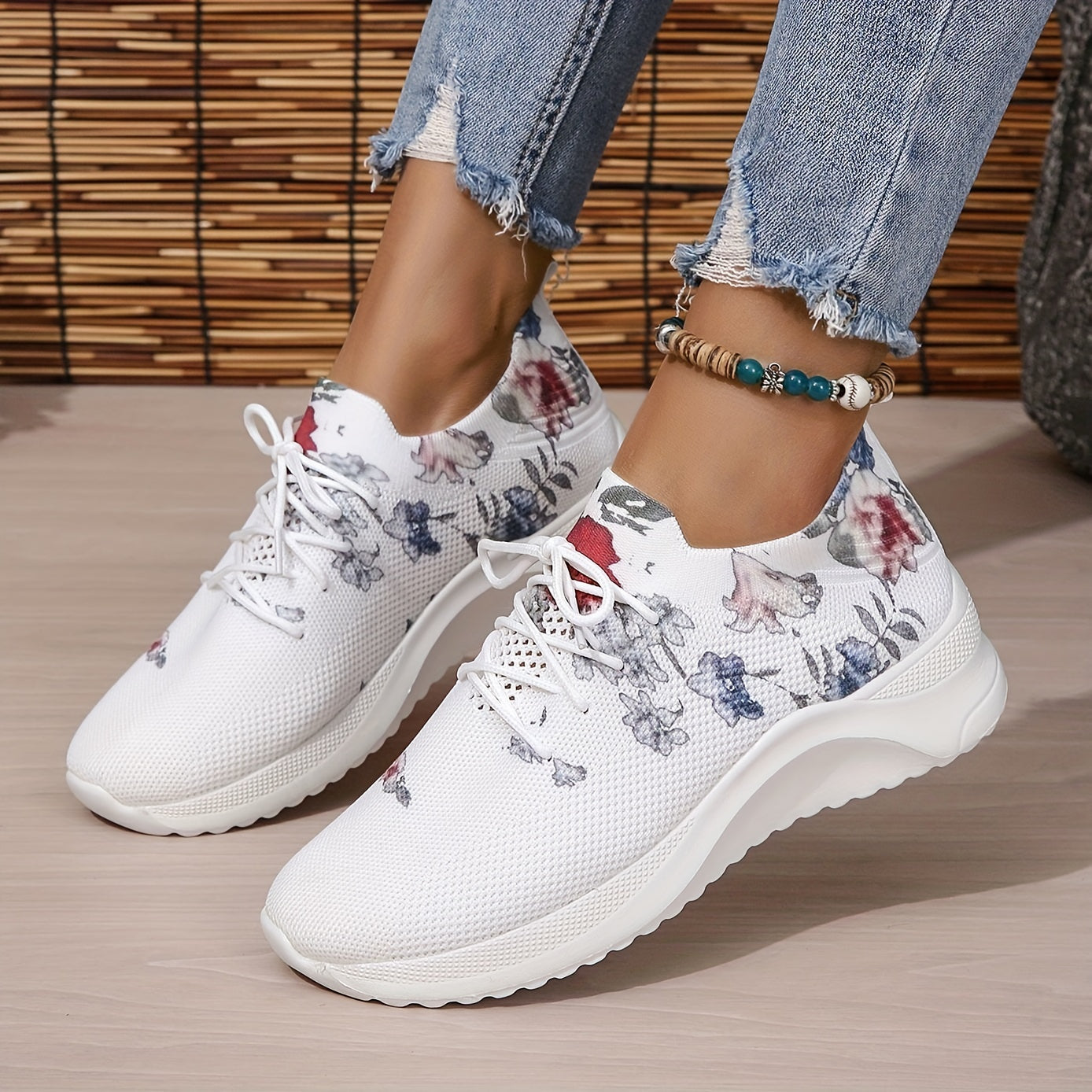 Women's Flower Pattern Platform Sneakers Lace Up Casual Outdoor Shoes