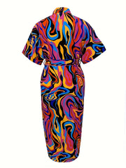 Abstract Print Polo Neck Shirt Dress With Pockets