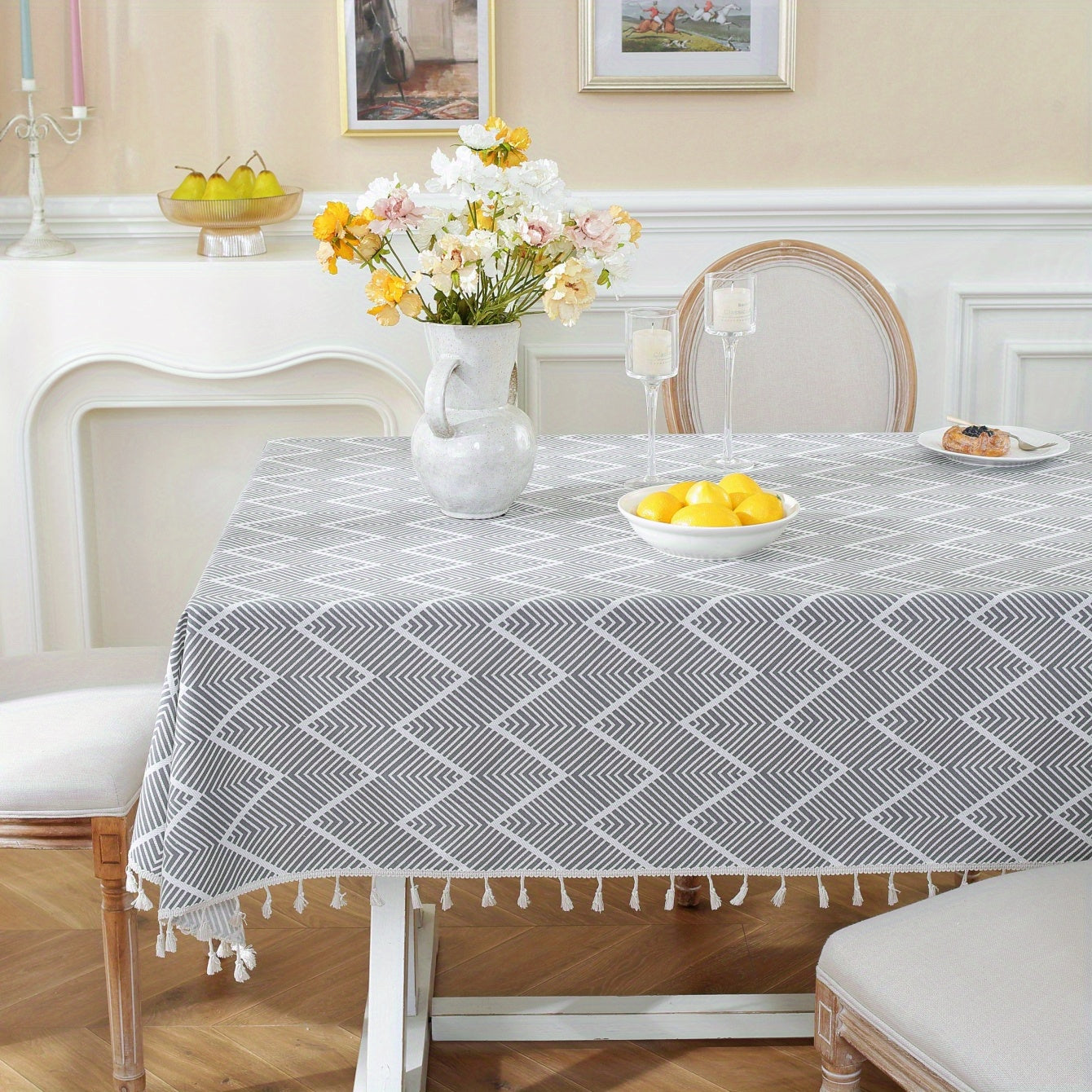 Boho Geometric Wave Pattern Tablecloth European Style Cotton Linen Rectangular