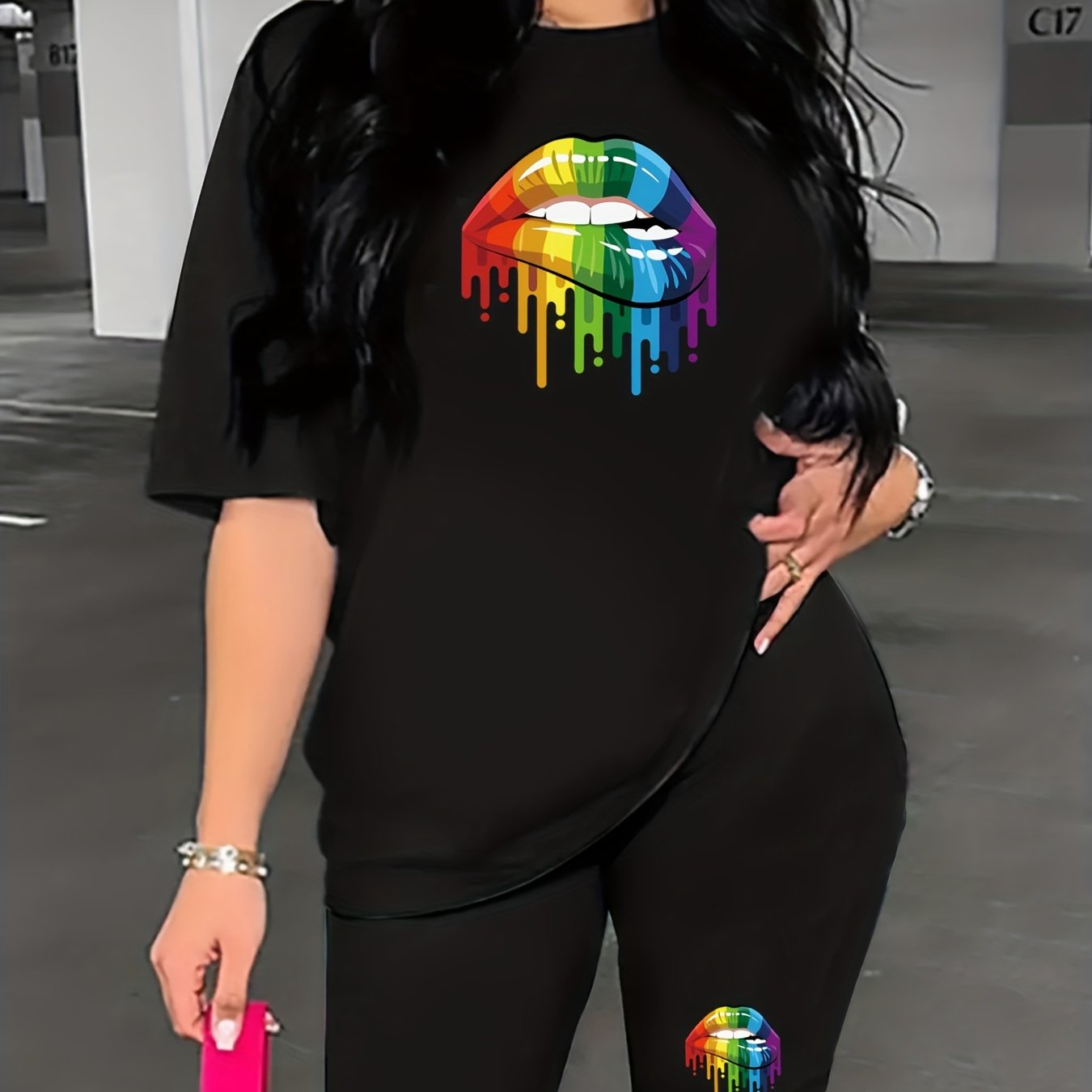 Colorful Lips Print Two Piece Set Short Sleeve T-shirt & Biker Shorts