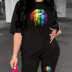 Colorful Lips Print Two Piece Set Short Sleeve T-shirt & Biker Shorts