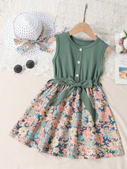 2pcs Toddler Girls Sleeveless Button Flowers Dress & Bow Straw Hat Set