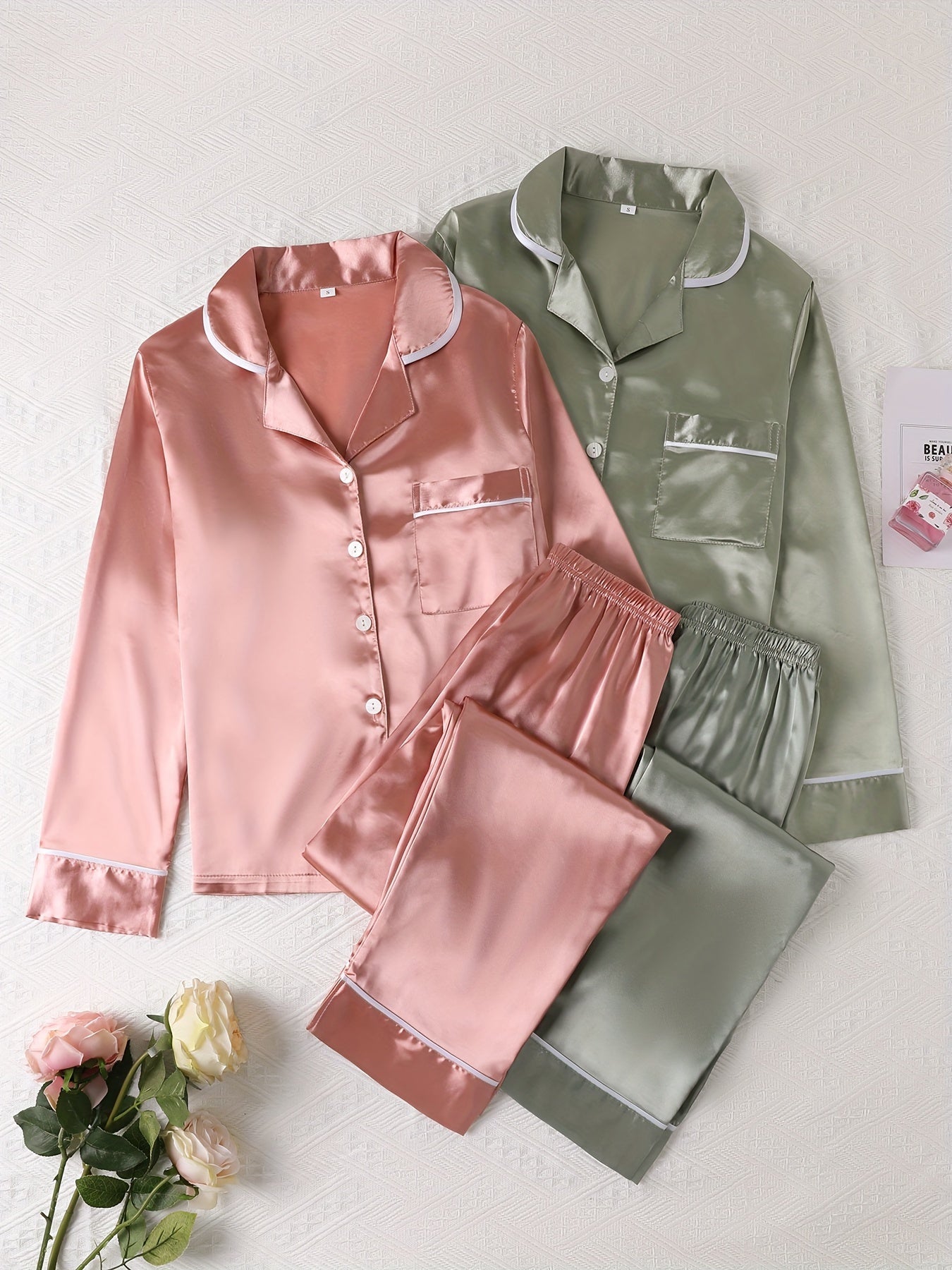 2 Sets Solid Satin Lounge Set Long Sleeve Buttons Top & Elastic Waistband Pants