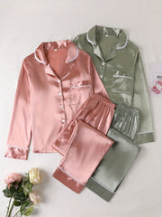 2 Sets Solid Satin Lounge Set Long Sleeve Buttons Top & Elastic Waistband Pants