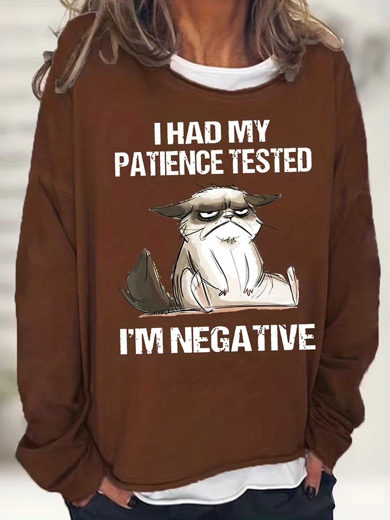 Negative Cat Print Sweatshirt Casual Long Sleeve Sweatshirt