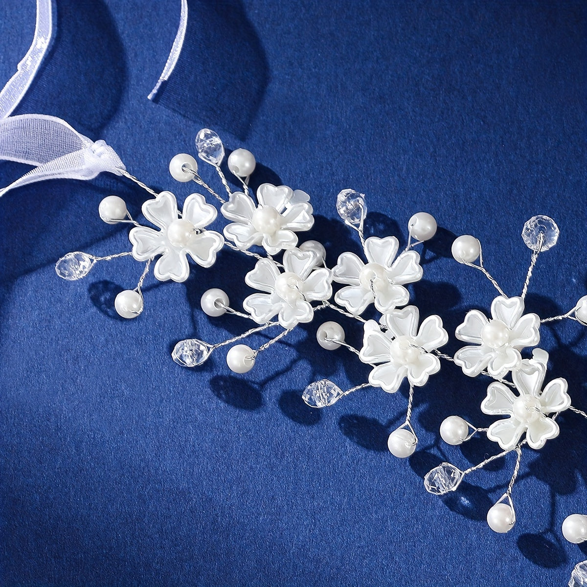 Crystal Pearl Flower Headband Ribbon Bridal Wedding Accessories