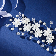 Crystal Pearl Flower Headband Ribbon Bridal Wedding Accessories