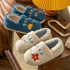Letter Embroidered Fuzzy Slippers Plush Lined Slip On Shoes