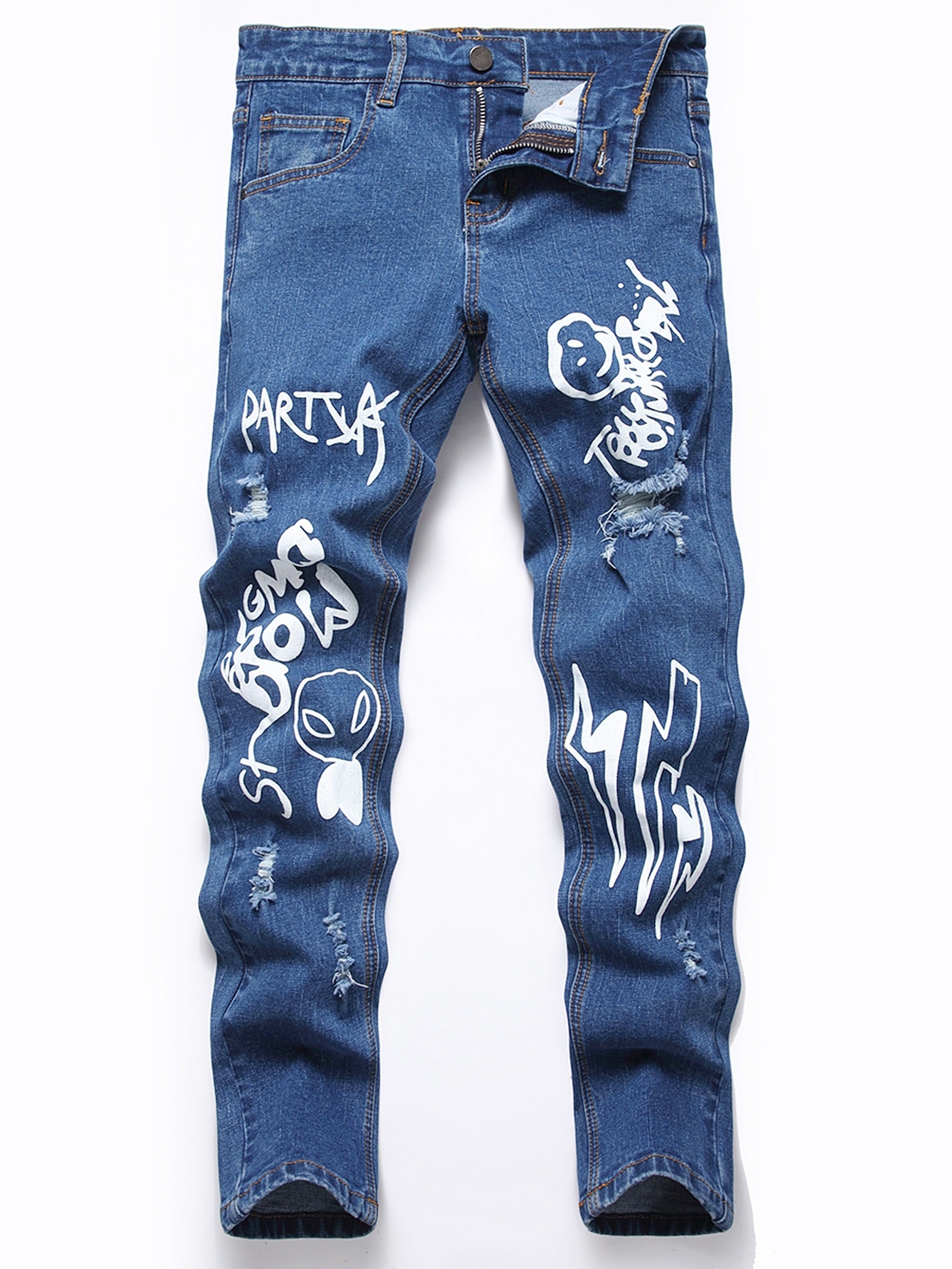 Boys Graffiti Ripped Jeans Skinny Slim Fit Denim Pants