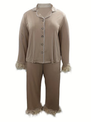 Women's Plus Fuzzy Trim Button Up Pajama Set