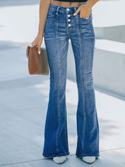 Casual Jeans Women's Plus Washed Pipping Button Fly High Stretch Flare