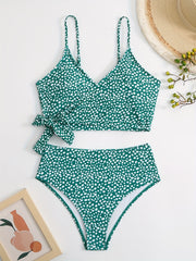 Polka Dot Bikini Set V Neck Bow Tie Spaghetti Straps High Rise
