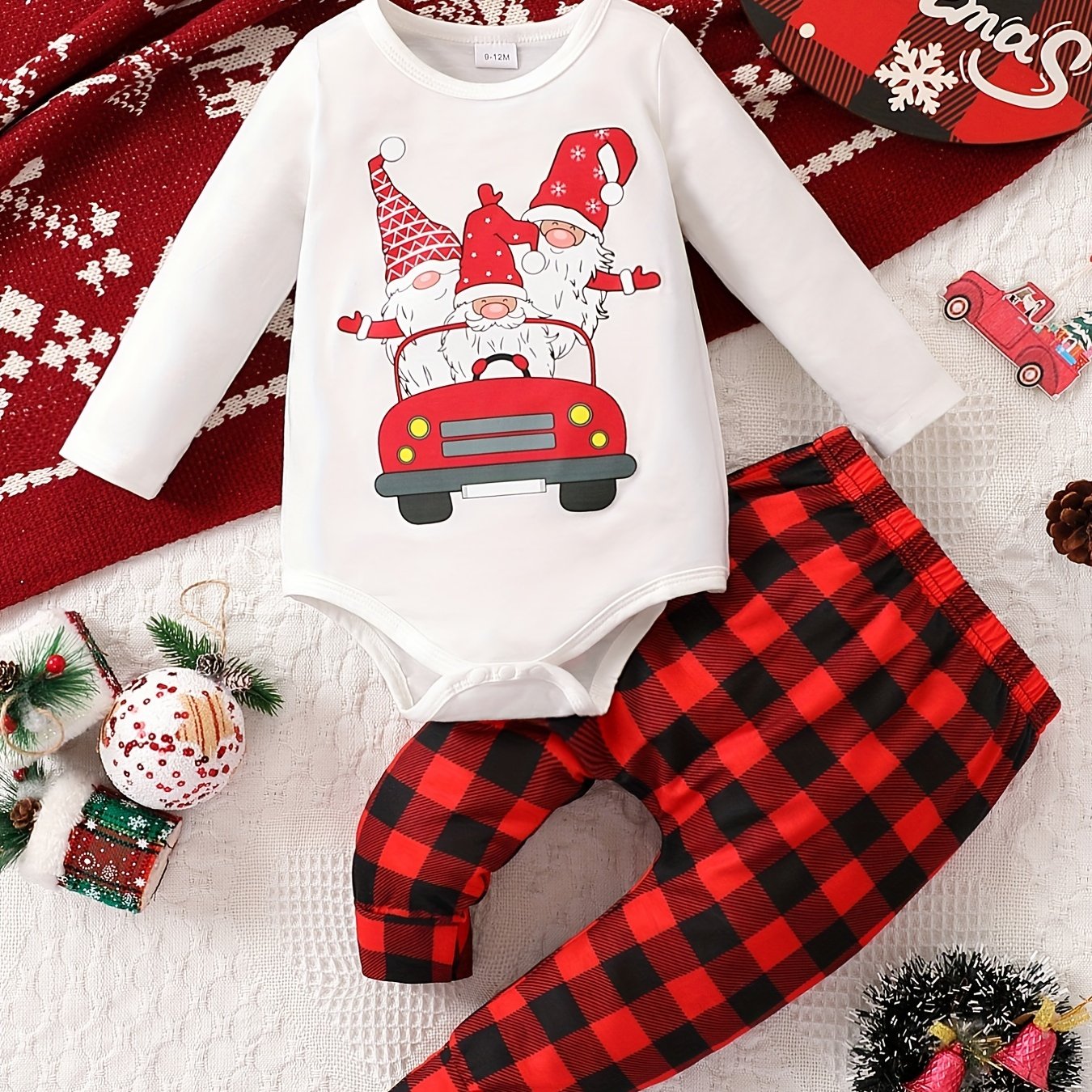 Toddler Boys Christmas Outfit Santa Claus Graphic Bodysuit Plaid Trousers Set