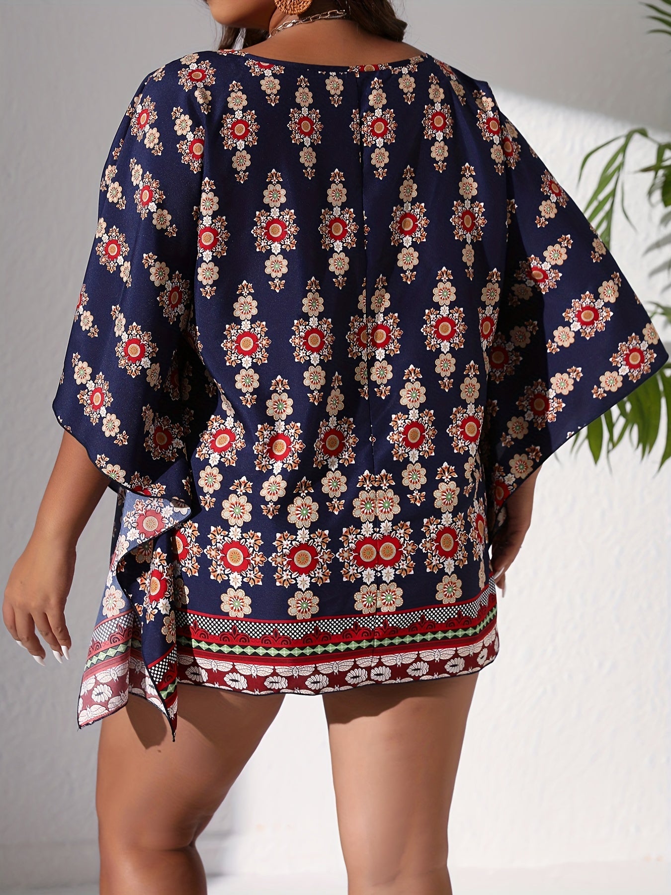 Boho Blouse Women's Plus Floral Print Bat Sleeve Round Neck Cover Up