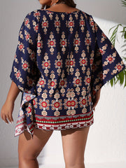 Boho Blouse Women's Plus Floral Print Bat Sleeve Round Neck Cover Up