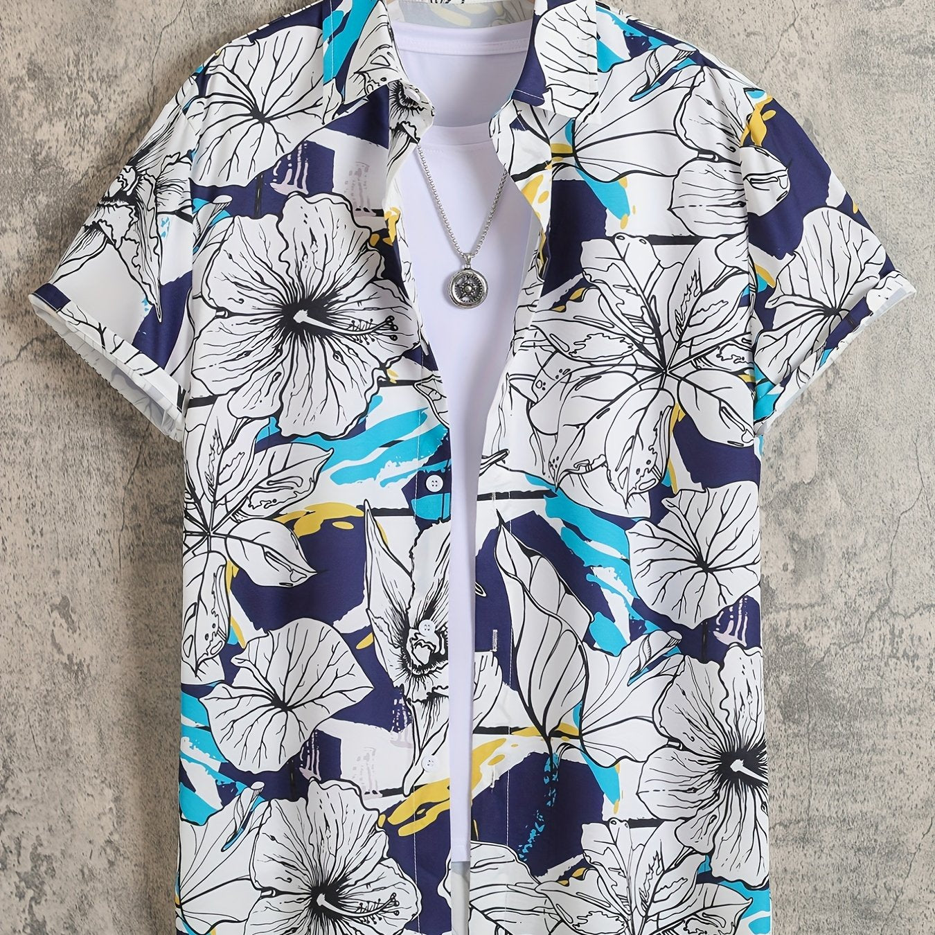 Men's Floral Lapel Shirt Casual Button Up Short Sleeve Loose Shirt