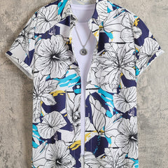 Men's Floral Lapel Shirt Casual Button Up Short Sleeve Loose Shirt