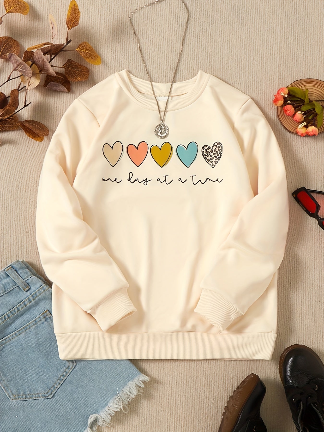 Girls Colorful Hearts Crew Neck Sweatshirts Pullovers For Sports Casual Outfit